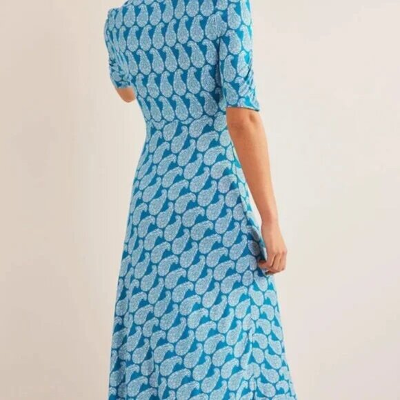BODEN REBECCA dress midi jersey tea paisley stretch knit v neck blue teal 12R - Picture 3 of 10